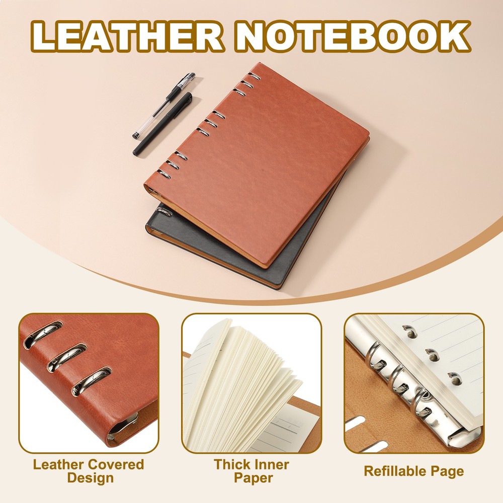 B5 Refillable Leather Notebook, 9 Ring Hardcover Binder Notebook, Brown