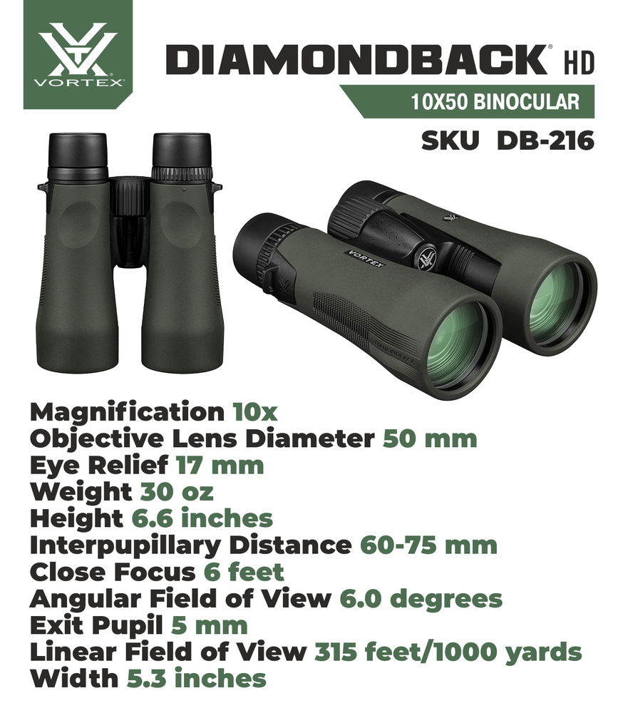 Vortex Optics DB-216 Diamondback HD 10x50 Binocular with Free Hat Bundle