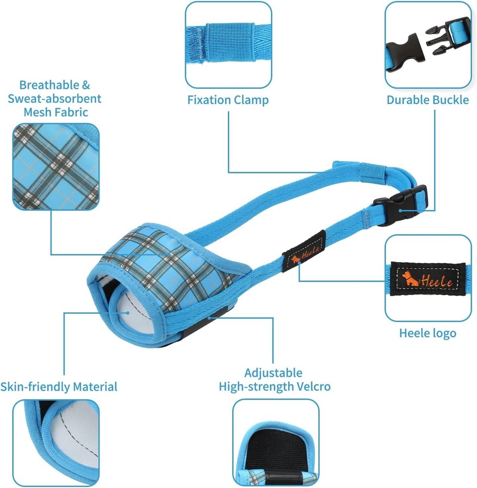 Comfortable Soft Nylon Dog Muzzle with Drinking Capability - Large P-Blue Plaid