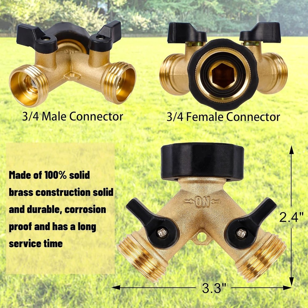 2 Way Garden Hose Splitter - Brass Construction, Leak-Proof and Durable