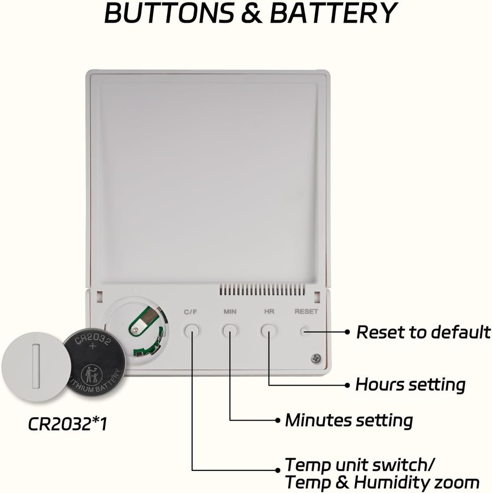 Digital Temperature & Humidity Meter, Big Digits Display, 12/24 Hours Clock