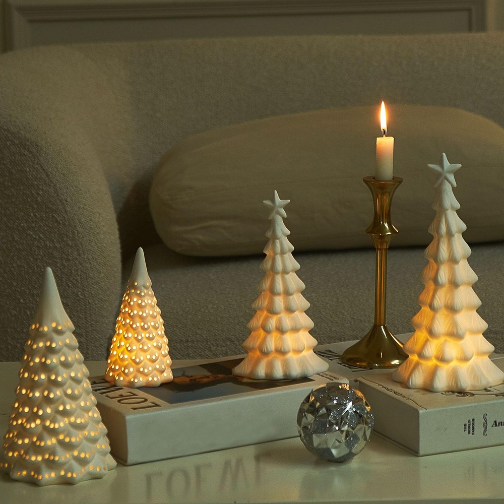 Light Up Ceramic Christmas Tree 2 Pack Lighted Porcelain Christmas Tree with