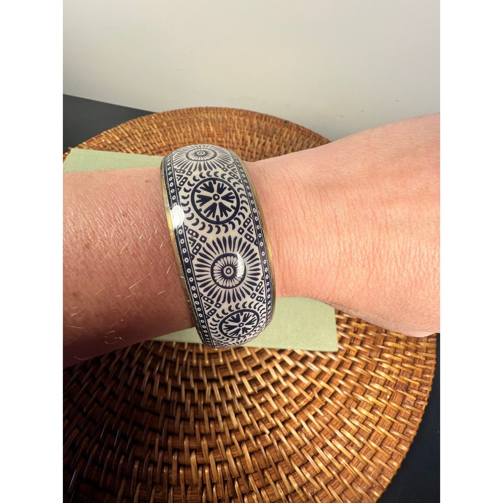 Brass Enameled Blue White Bangle Bracelet