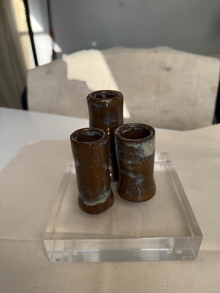 Art Studio Pottery 3 Candlesticks Brown Blue Tea Dust Stoneware Michael Smith