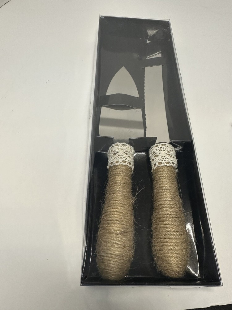Studio His & Hers Rustic-Style Wedding Cake Knife & Server Set Jute Twine - Used