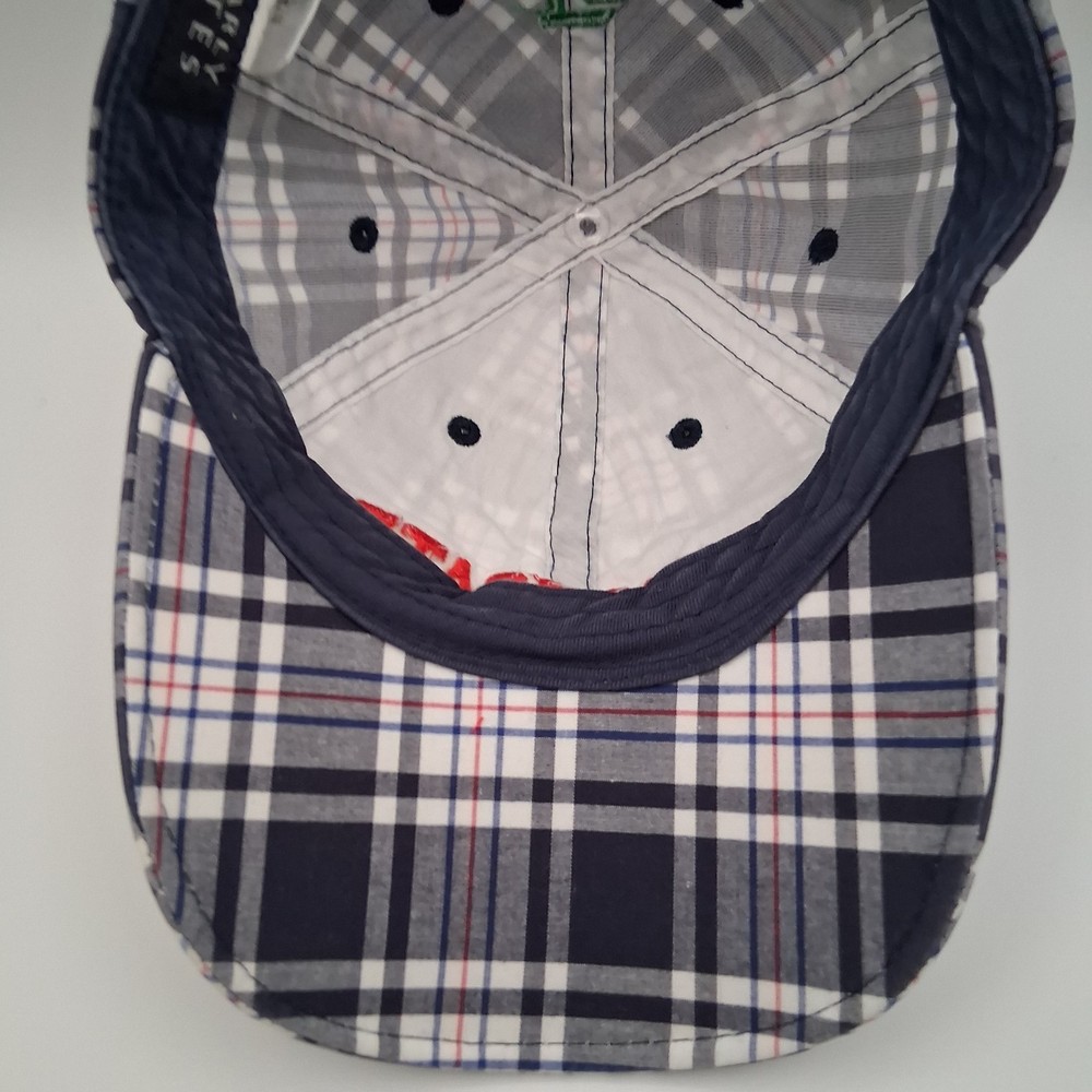 Pearly Gates Golf Hat Cap Strap Back Plaid Gray White Blue Red Script Shield 89