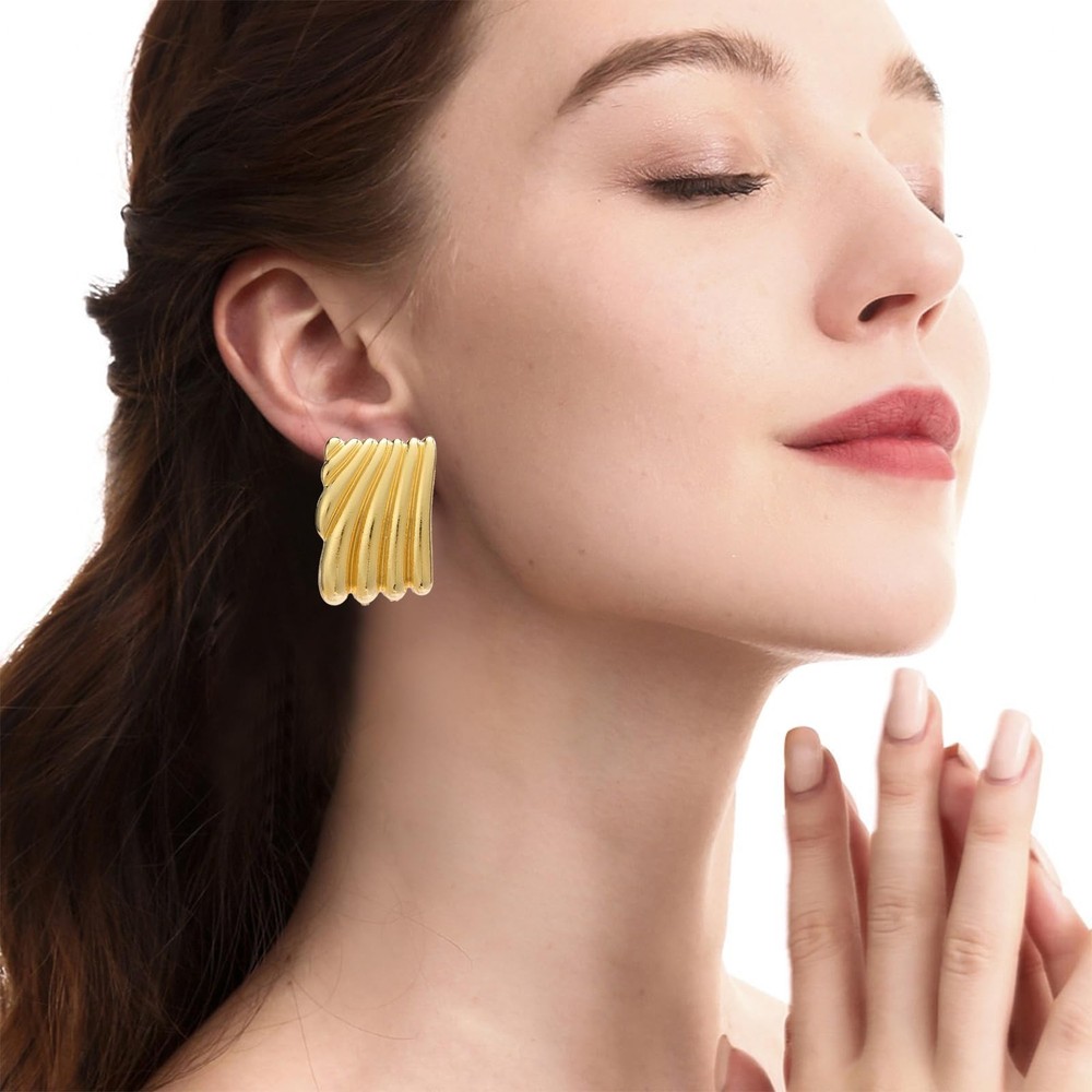 Minimalist Alloy Chunky Striped Rectangle Geometric Square Statement Stud Ear...