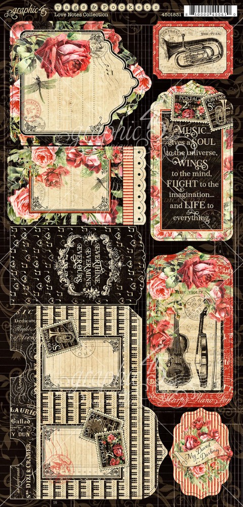RETIRED Graphic45 LOVE NOTES TAGS & POCKETS DIE-CUTS scrapbooking