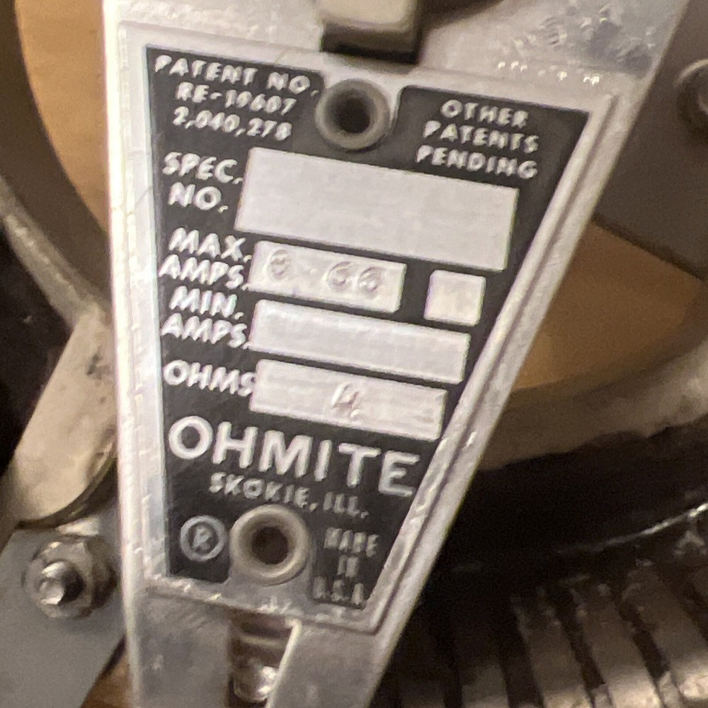 OHMITE Model-N  4 Ohm   8.66A Max Potentiometer Rheostat Spec