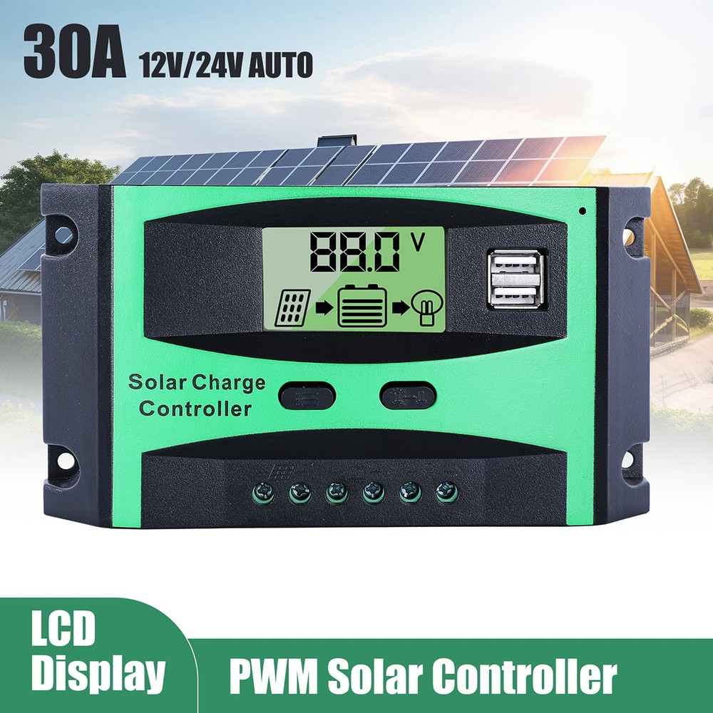 30A PWM Solar Panel Charge Controller Auto Focus Tracking Regulator 12/24V USB