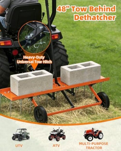 48" Tow Behind Dethatcher, Pull Behind Lawn Dethatcher with 24 Rust Orange-48IN