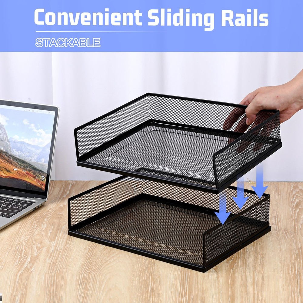 2 Pack Black Stackable Letter Tray, Wire Mesh, Transverse Load, Desk Organizer