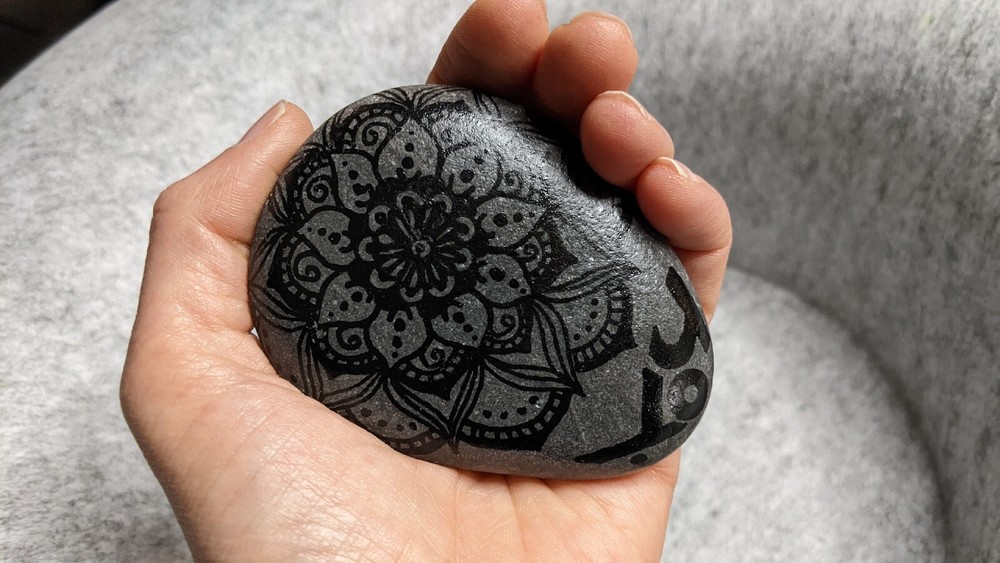 Hand Painted Rock / Stone - mandala black line design - "Joy"