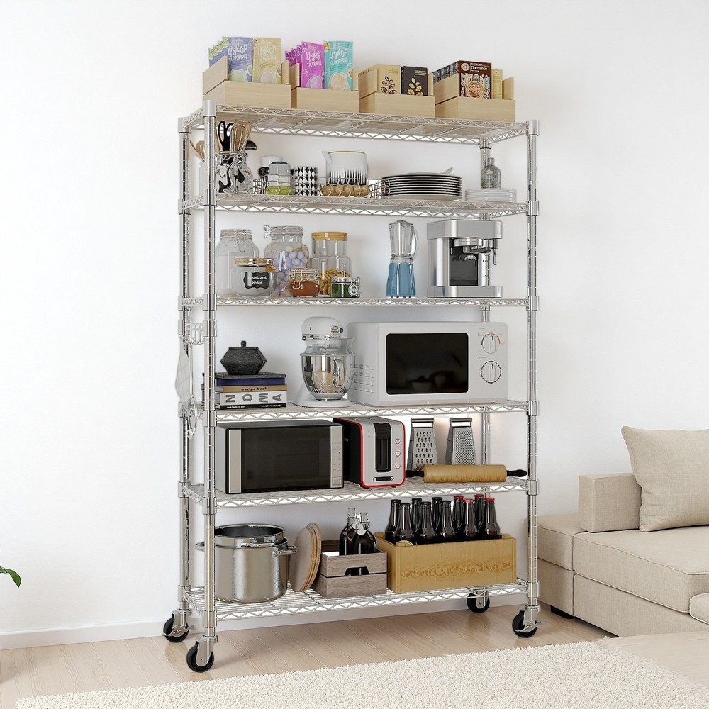 6-Tier Rolling Wire Shelving Unit - Heavy Duty, Adjustable, Hooks & Silver