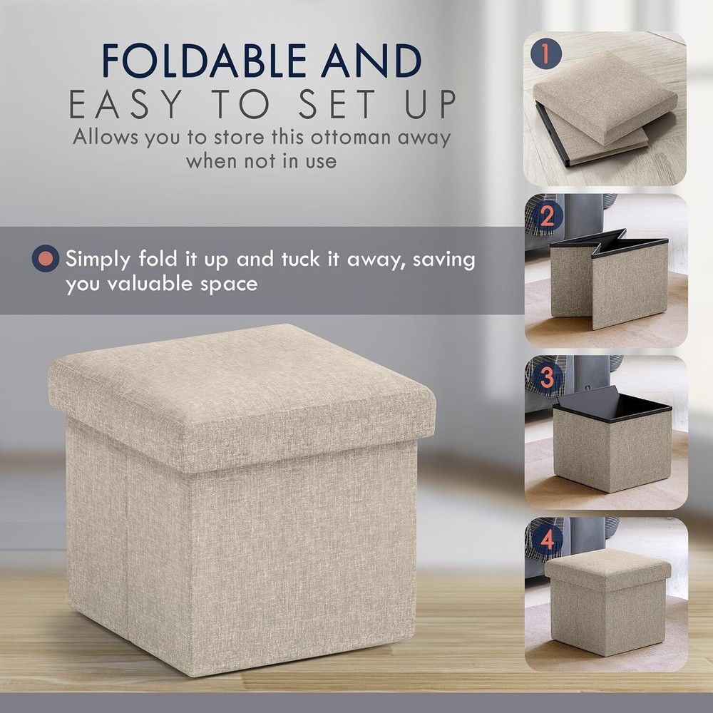 Small Storage Ottoman Set of 2 Foldable Cube Linen Footrest Stool Beige
