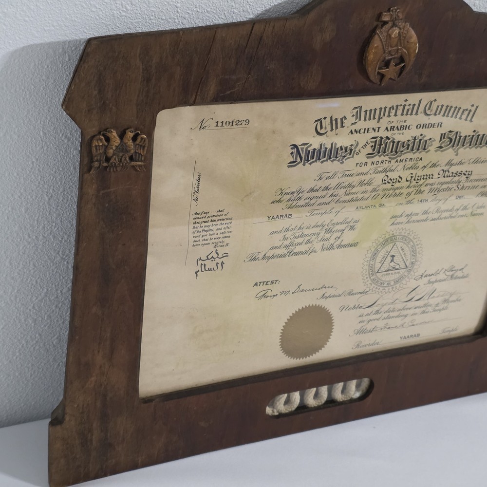 Vintage Frame & Yaarab Temple Member Certificate 1949 Signed Shriner