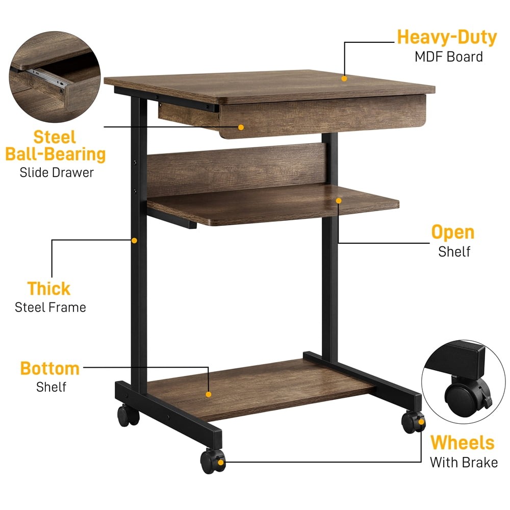 Rolling Computer Desk W/ 2 Storage Shelves & Drawer Compact Work Table Taupe