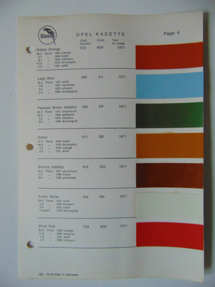 Original Glasurit Opel Paint Chips Sheet - 1970-1971