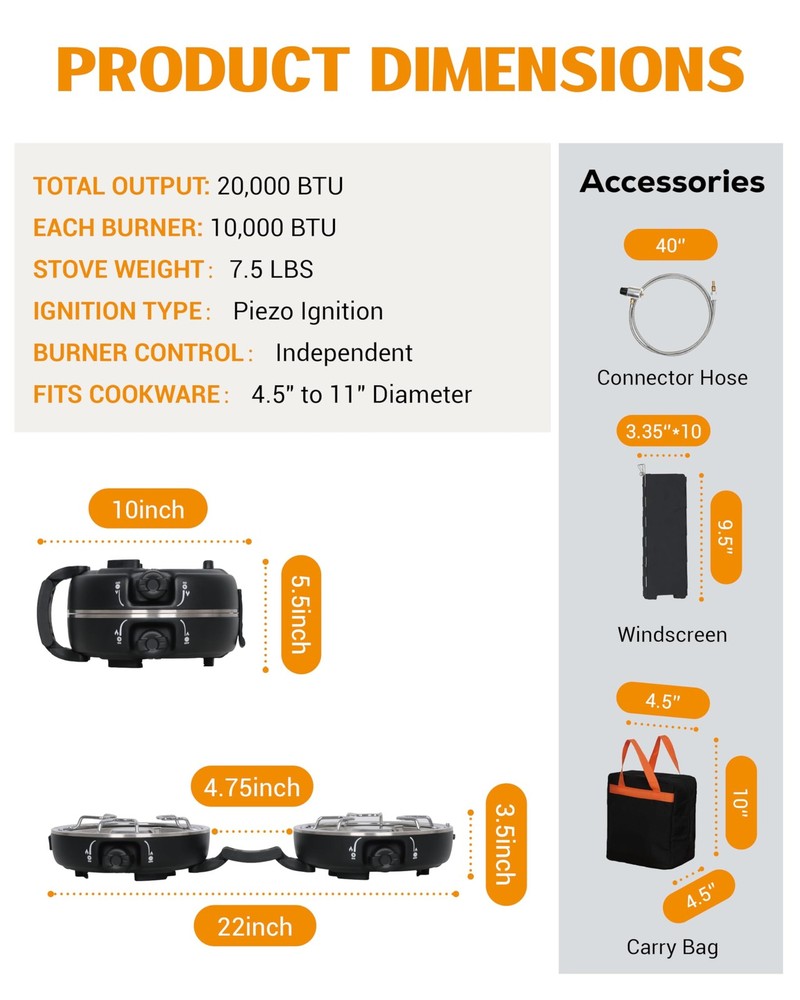 Propane 2-Burner Camping Stove with Windscreen, Portable& Foldable Camping St...