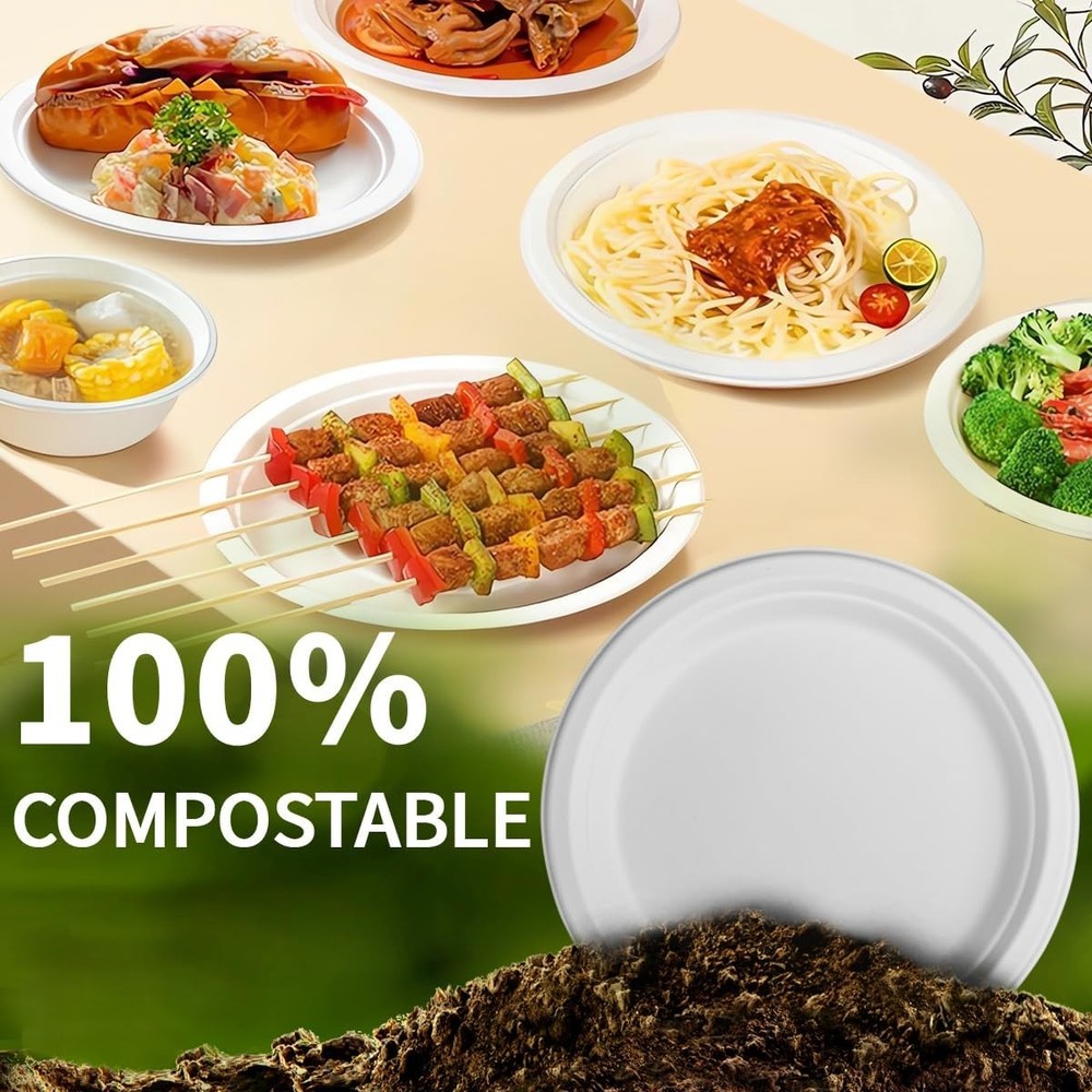 Drihara 9" Disposable Plates, Heavy Duty, 150-Pack, Leak-Proof, 100% Compostable