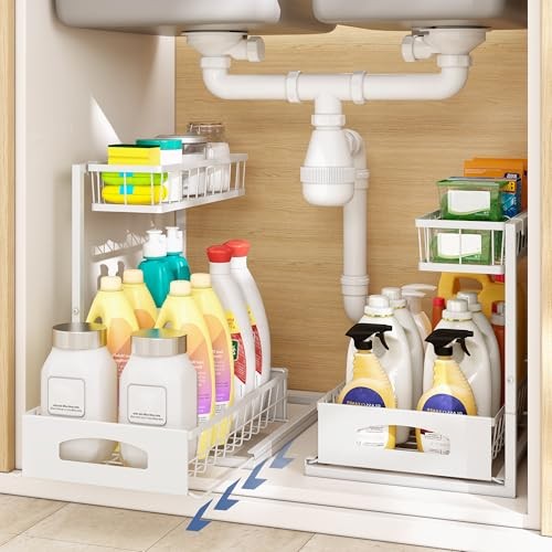 Under Sink Organizer Height Adjustable Cabinet Organizer with 2 Pack White