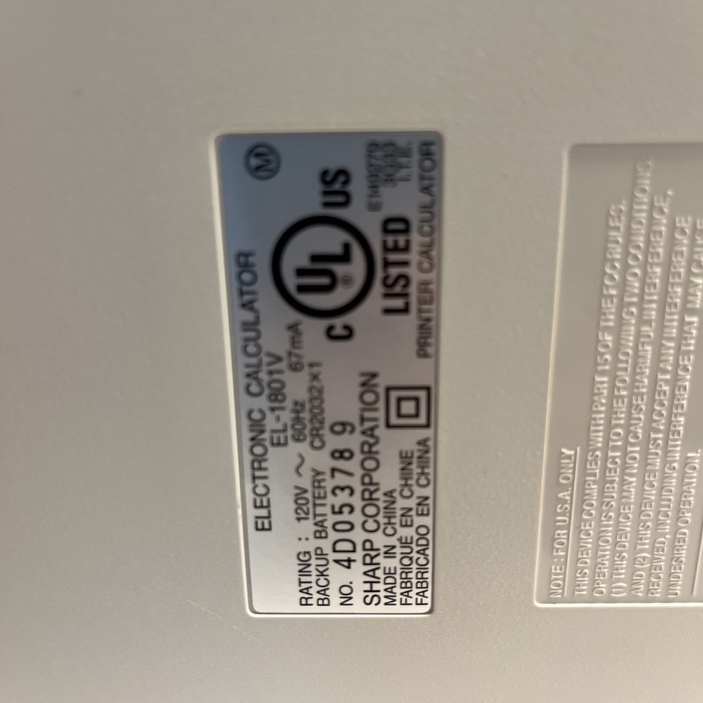 Sharp EL-1801V Ink Printing Calculator Fluorescent Display Tested&Works