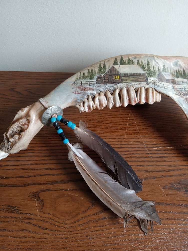 16" Native American Buffalo Bison Jaw Bone Hand Painted By "Ault" Mounted
