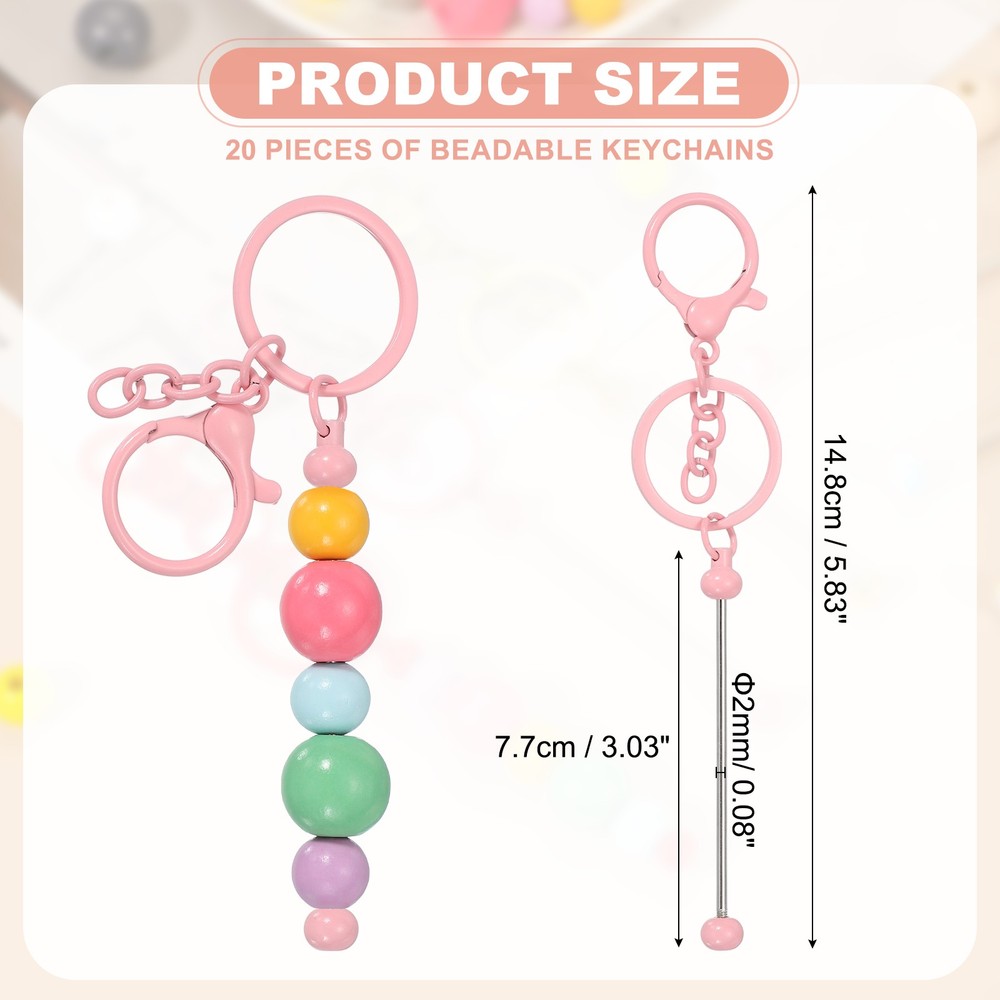 20Pcs Beadable Keychains, DIY Beaded Keychain Making Kit, Candy Pink