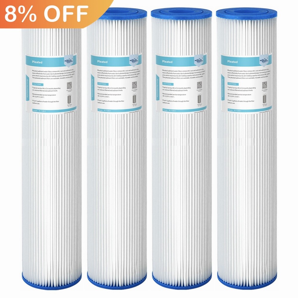 4 Pack 20"x4.5" Whole House Washable Pleated Sediment Water Filter for Big Blue