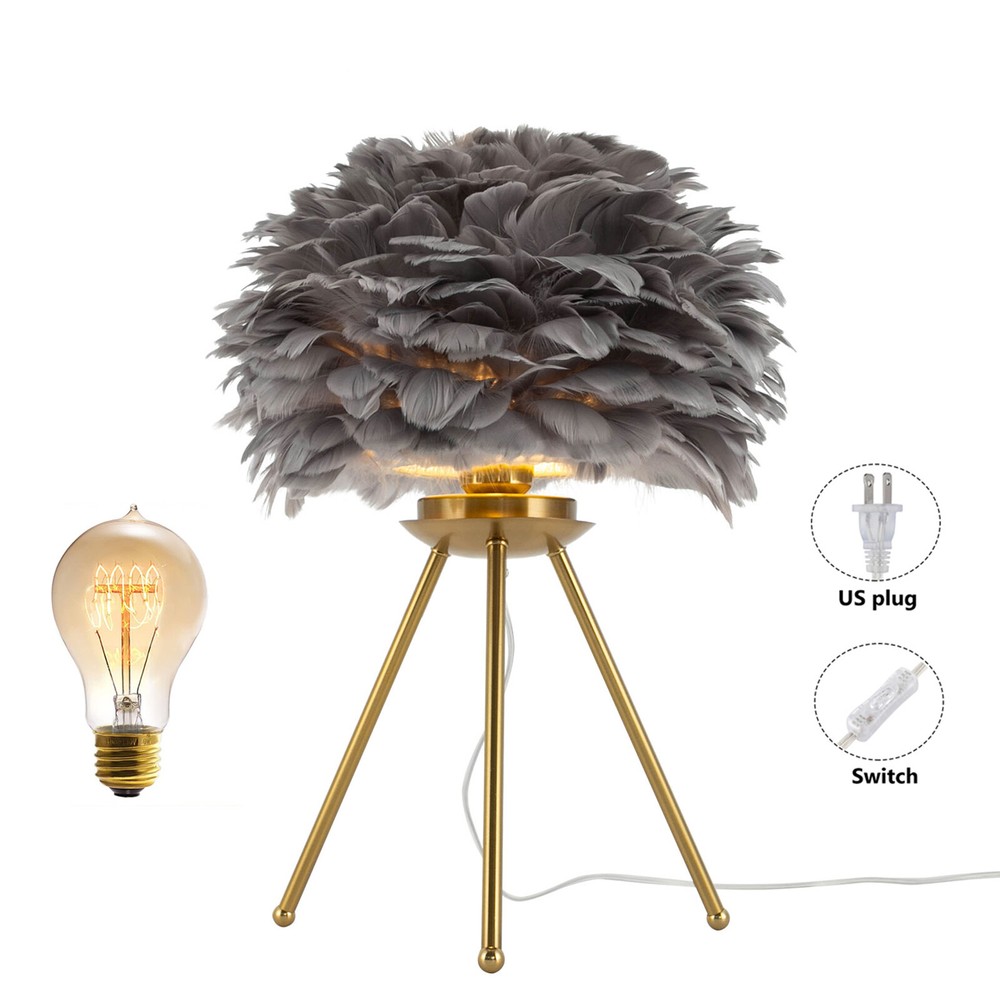 Gray Feather Table Lamp Tripod Lamp, Feather Lamp, Table Light Hand Control