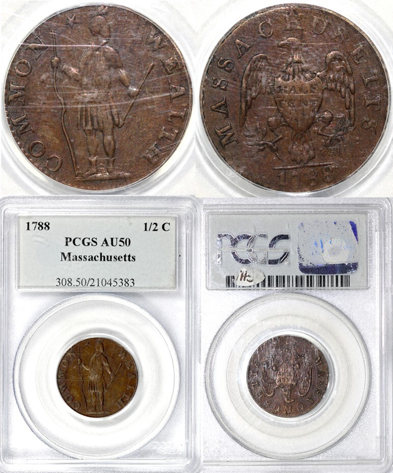 1788 1/2c Massachusetts Colonial Half Cent PCGS AU 50