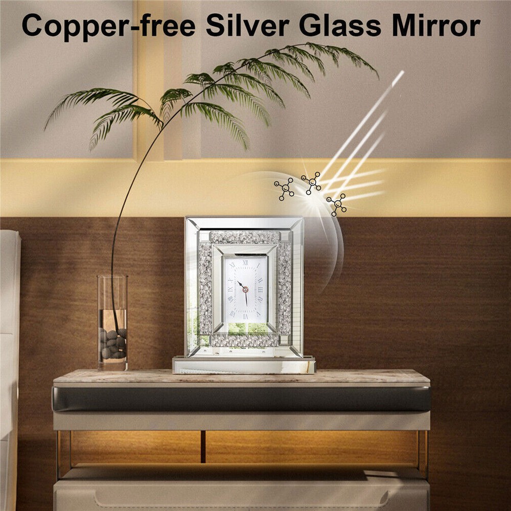 Silver Crushed Diamond Clock Mirrored Table Desk Clock fr Home Office Decorative