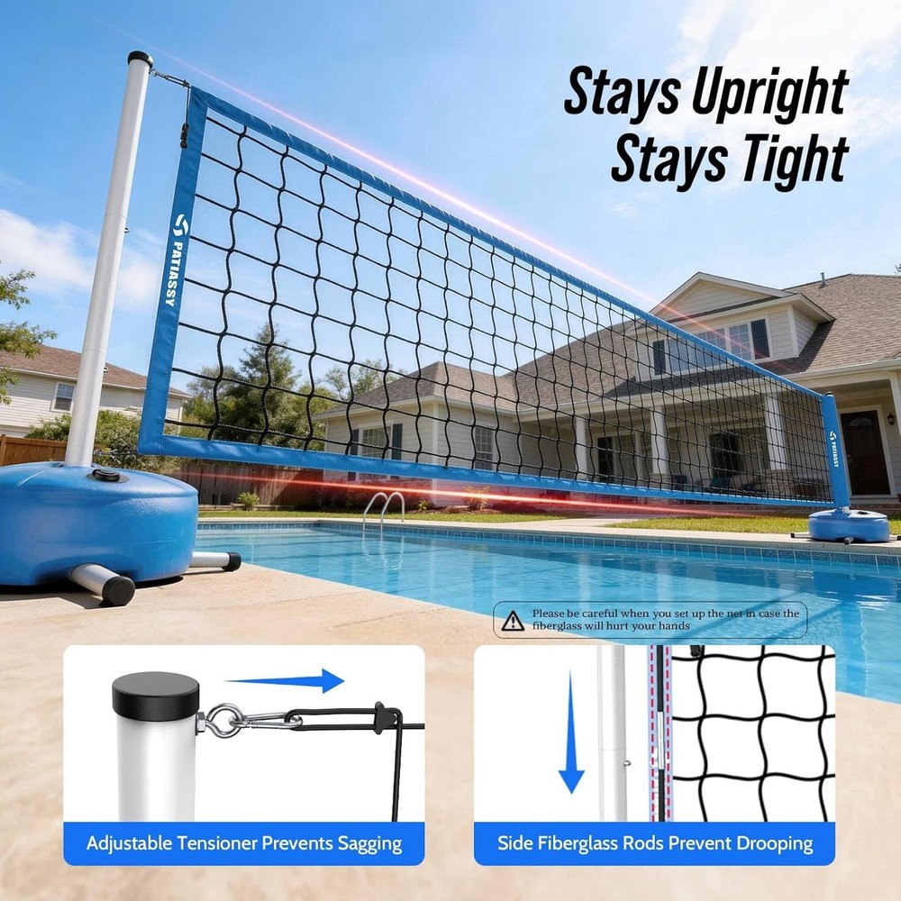Pool Volleyball Net Set with Base Adjustable 15ft-32ft Length for Inground Pools