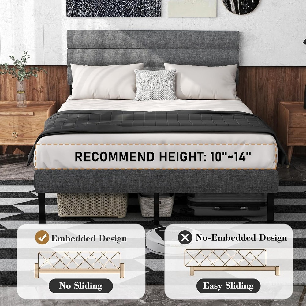 Queen Size Upholstered Bed Frame with Headboard Metal Platform Bed Frame Queen