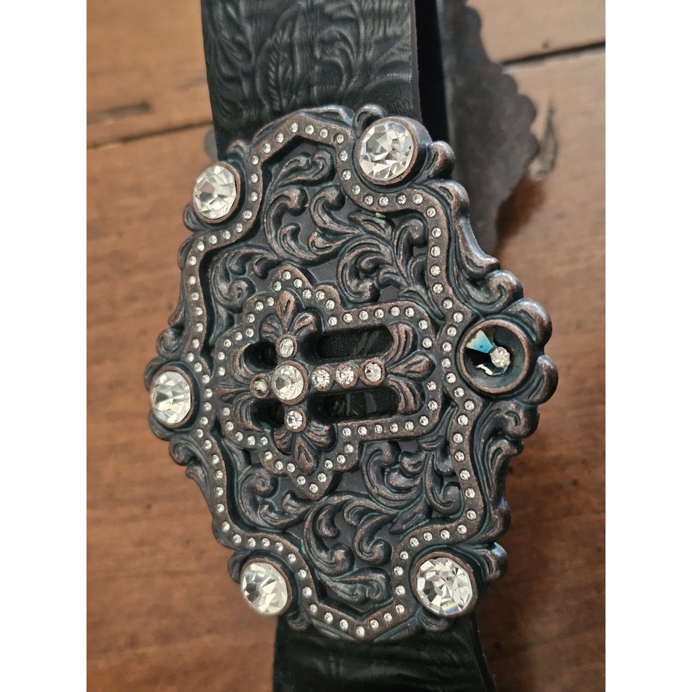 Shyanne Cross Concho Tooled Strap Belt Medium Black Leather