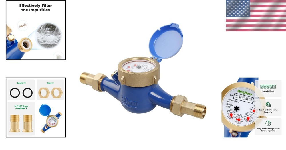 3/4" NPT Cold Water Meter - Durable Brass with Certification for Homes