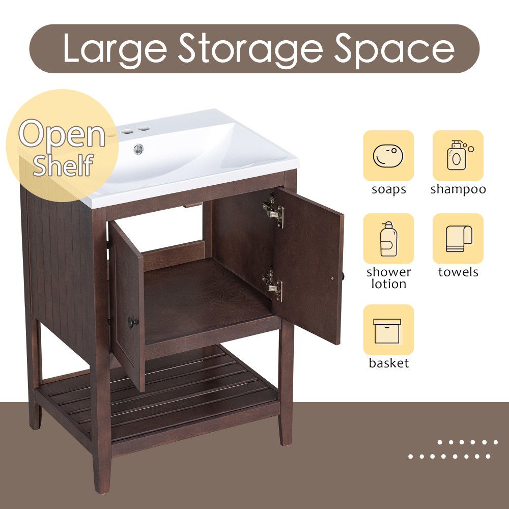 Bathroom vanity W solid wood frame Features open shelving Includes ceramic sink