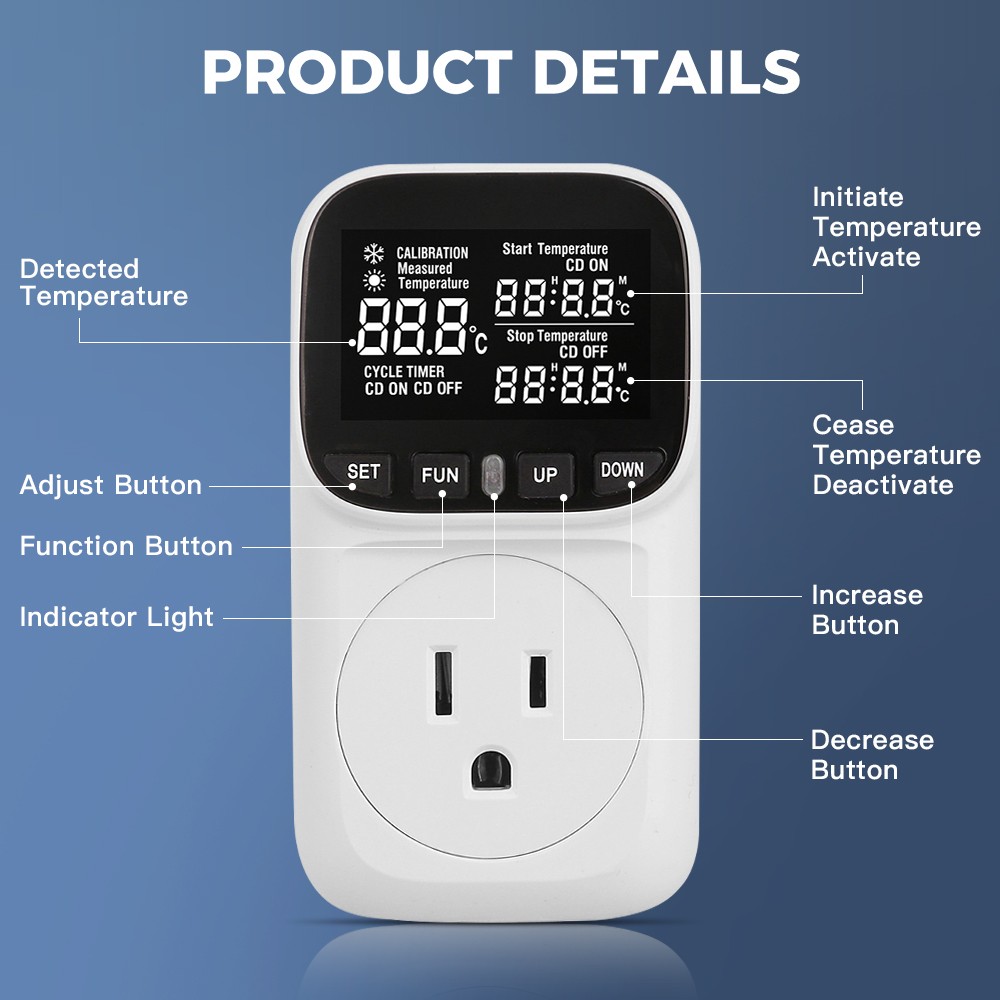 Digital Thermostat Outlet Plug Temperature Controller Heating Cooling w/ Sensor