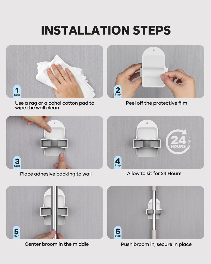 MCOMCE Plastic Broom Holder Wall Mount, White, 4 Count 4 Count, White