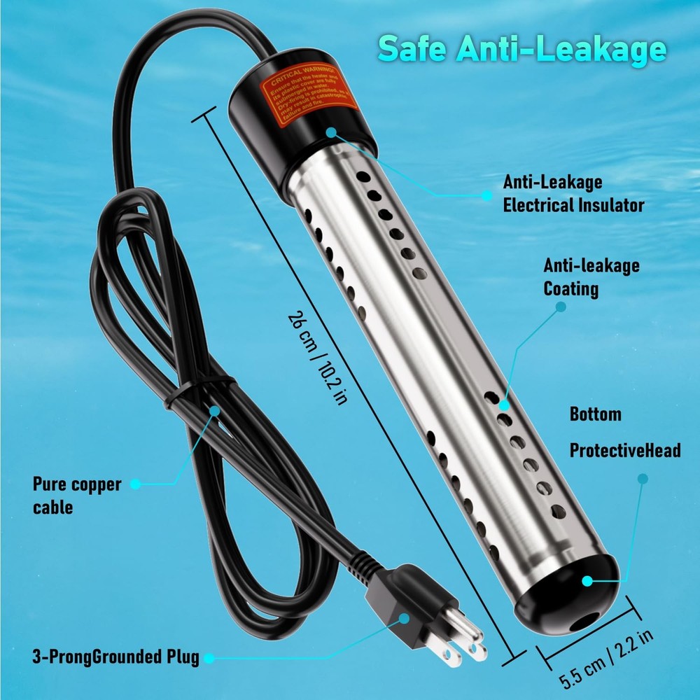 Immersion Water Heater Electric 2000W, Portable Submersible Water Heater with...