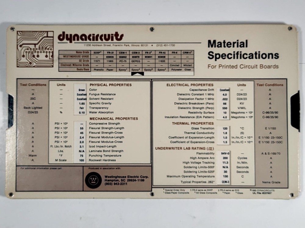 Dynacircuits Material Specifications for Printed Circuit Boards PCB Vintage ref