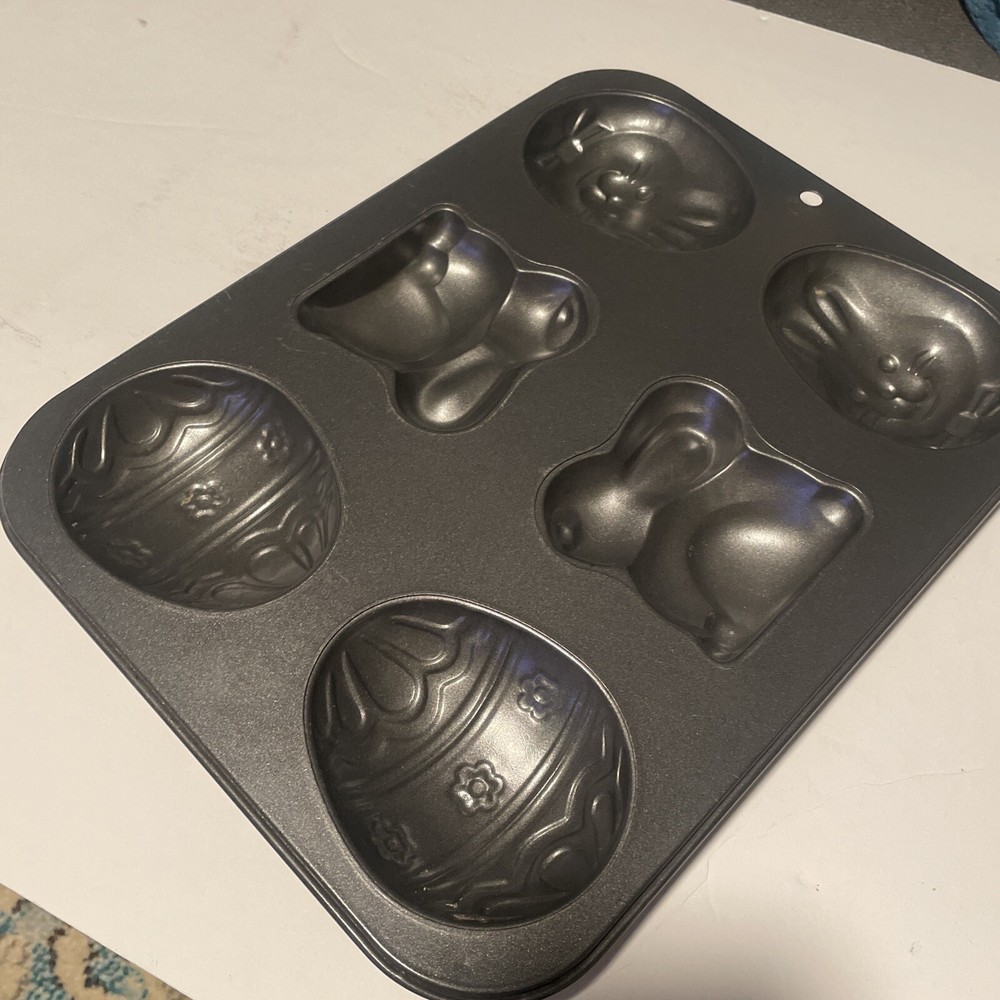 Wilton Easter Cookie Cake Pan Mold 6 Cavity Aluminum Tray Bunnies & Easter Eggs