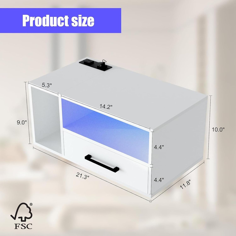 Modern Floating Nightstand with LED Lights & Charging Station, White