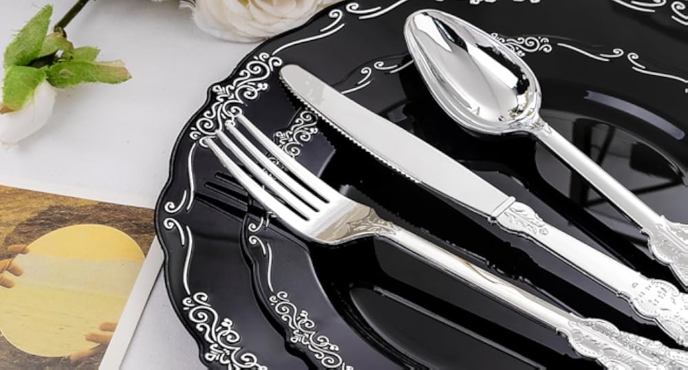 DaYmi Bla Sier Plastic Plates & Sier Plastic Sierware, Bla