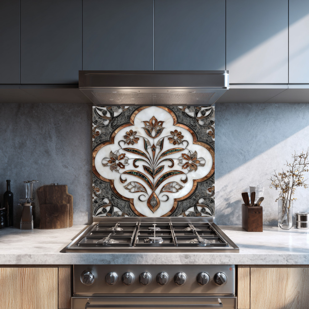 Ottoman Pattern on Marble Print Background Glass Backsplash for Kitchen Stove