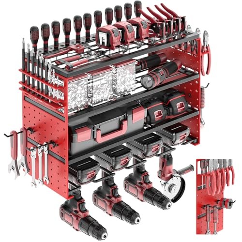 Power Tool Organizer Wall Mount, 4 Layers Tool Storage Rack 4 Drills Holder Red