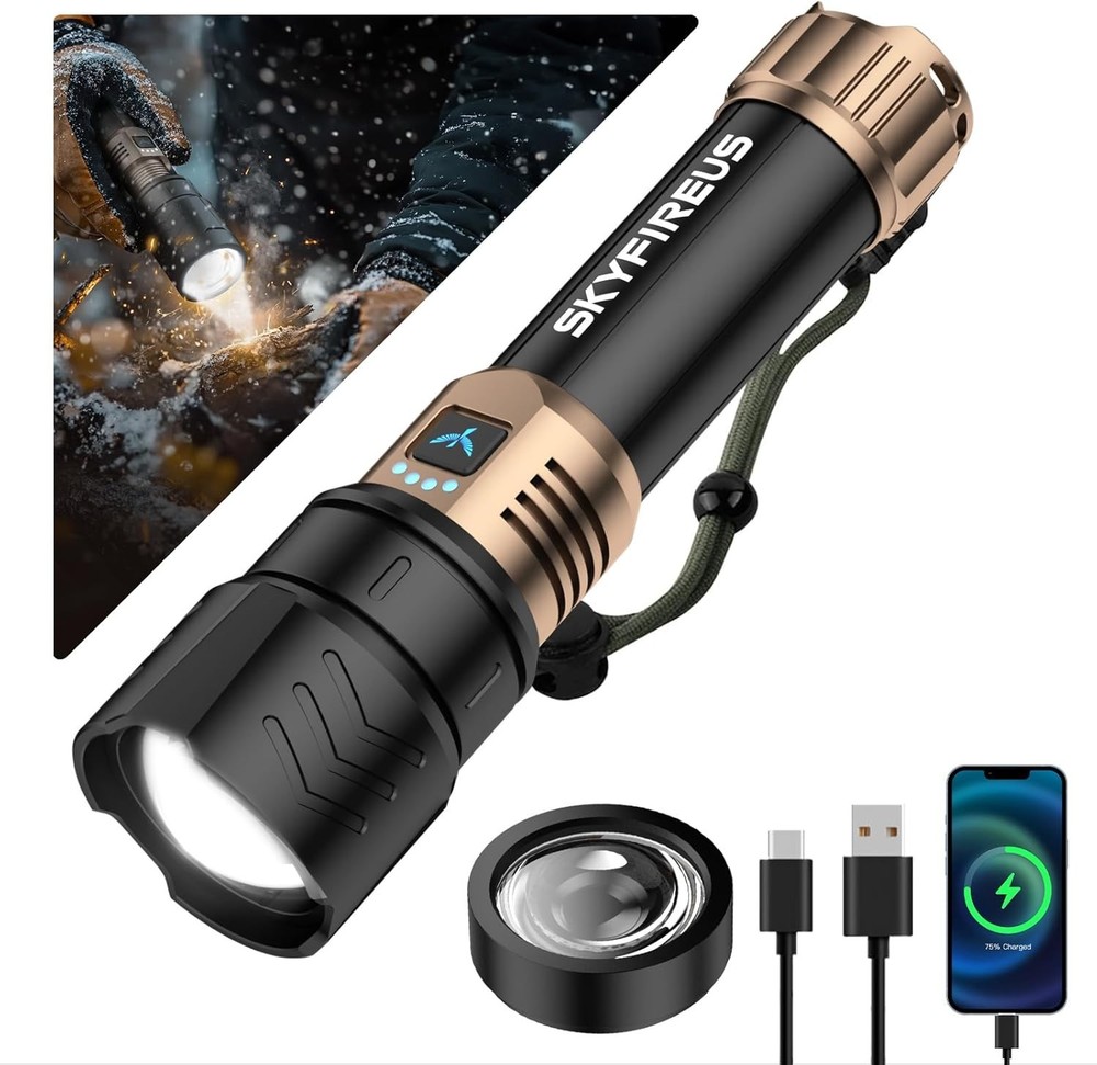 SKYFIRE Rechargeable Flashlight High Lumens, LED Flashlight with Ignition Len...