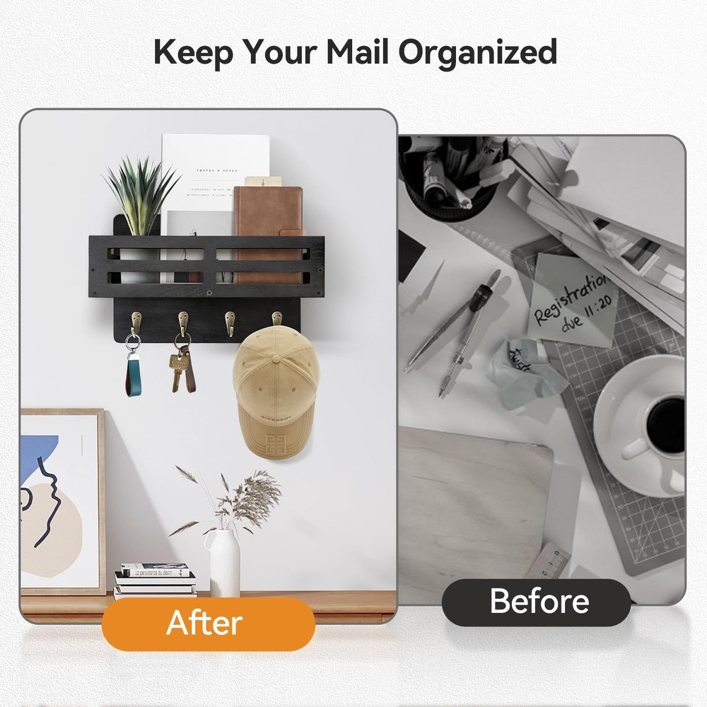 Wall-Mounted Key Holder & Mail Organizer with Hooks - Entryway Storage & Decor