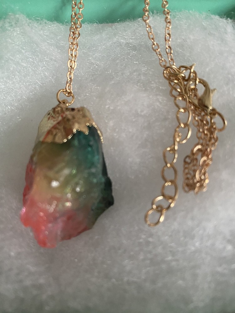 Natural Rainbow Agate drop with gold tone necklace