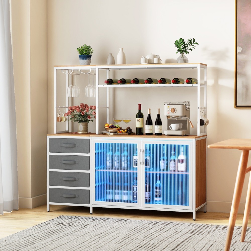 Sideboard Buffet Cabinet w/ LED Lights, 55" Coffee Table w/ Power Outlets